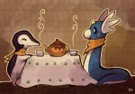  clothed_pokemon creature cyndaquil dratini eye_contact highres kettle looking_at_another neckerchief no_humans pmd-explorers pokemon pokemon_(creature) purplekecleon scarf signature sweatdrop table tea 