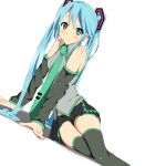  aqua_eyes aqua_hair bad_id detached_sleeves dutch_angle hatsune_miku kaiman long_hair looking_at_viewer necktie on_side parody sitting skirt smile solo style_parody twintails very_long_hair vocaloid 