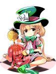  alice_in_wonderland blonde_hair brown_eyes checkered checkered_floor cup futaba_anzu gloves hat hat_ribbon hitsuji_bako idolmaster idolmaster_cinderella_girls kettle long_hair mad_hatter mad_hatter_(cosplay) pouring ribbon smile solo striped stuffed_animal stuffed_bunny stuffed_toy teacup twintails 
