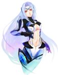  android armor black_gloves blue_hair breasts center_opening crotch_zipper expressionless gloves headpiece kamemushi kos-mos long_hair looking_away midriff navel red_eyes rough simple_background solo thigh_gap turtleneck white_background xenosaga xenosaga_episode_iii zipper 