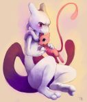  blush commentary creature floating friends highres hug mew mewtwo no_humans pokemon pokemon_(creature) purple_eyes purplekecleon scowl sepia_background signature sitting smile violet_eyes 