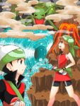  1boy 1girl bandana black_hair brown_hair gloves haruka_(pokemon) haruka_(pokemon_emerald) hat holding holding_poke_ball poke_ball pokemon pokemon_(creature) pokemon_(game) pokemon_rse rayquaza tegaki volcano water waterfall yuuki_(pokemon) yuuki_(pokemon_emerald) 