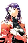  bandage bandages brown_eyes cross cross_necklace jacket jewelry katsuragi_misato long_hair murmurze neckace necklace neon_genesis_evangelion purple_hair solo 