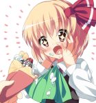  1girl blonde_hair blush bow bust crepe face food food_on_face hair_bow hair_ribbon hands_on_own_face happy napkin red_eyes ribbon rumia short_hair solo sparkle takashiru touhou youkai 