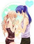  1girl blue_eyes blue_hair blush brown_eyes character_name couple earrings hair_ribbon hand_holding heart holding_hands jewelry lingerie long_hair macross macross_frontier orange_hair panties polka_dot polka_dot_panties ponytail ribbon saotome_alto sheryl_nome side smile star tank_top title_drop underwear zen69 