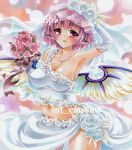  animal_ears armpits at_classics blush bouquet breasts cleavage dress flower impossible_clothes impossible_shirt jewelry large_breasts marker_(medium) midriff mystia_lorelei navel necklace pink_hair red_eyes sample short_hair smile solo touhou traditional_media veil wedding_dress 