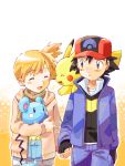  1boy 1girl ????? azurill baseball_cap black_hair brown_eyes child closed_eyes d-nezumi female fingerless_gloves gloves hair hand_holding hat holding_hands human jacket kasumi_(pokemon) male marill open_mouth orange_hair pikachu pokemon pokemon_(anime) pokemon_(creature) popped_collar satoshi_(pokemon) scarf shorts side_ponytail simple_background smile 