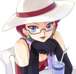  alternate_costume alternate_hairstyle artist_request bespectacled black_gloves blue_eyes breasts chin_rest cleavage cup drink earrings elbow_gloves glasses gloves hat jewelry lipstick musashi_(pokemon) pokemon pokemon_(anime) purple_eyes red_hair redhead scarf semi-rimless_glasses simple_background sitting smile solo straw usao_(313131) violet_eyes white_background 