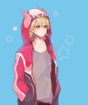  barnaby_brooks_jr blonde_hair blue_background glasses green_eyes hands_in_pockets hood hoodie male poco24 simple_background solo tiger_&amp;_bunny 