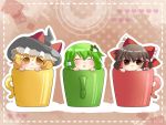  ^_^ aenobas blonde_hair bow brown_eyes brown_hair closed_eyes cup eyes_closed frame frog_hair_ornament green_hair hair_bow hair_ornament hair_tubes hakurei_reimu hammer_(sunset_beach) hat heart in_container in_cup kirisame_marisa kochiya_sanae multiple_girls open_mouth smile touhou wavy_mouth witch witch_hat yellow_eyes 
