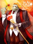  beancurd belt bone cane character_name diamond flower formal highres jewelry league_of_legends male necktie orange_hair red_eyes red_rose ring rose scarf sion skull solo sparkle suit thorns title_drop 