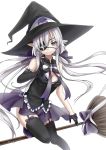  black_gloves black_legwear bow breasts broom cleavage cross eyepatch eyes garter_straps gloves hat highres long_hair mikitsui original pointy_ears purple_eyes silver_hair simple_background smile thigh-highs thighhighs twintails very_long_hair violet_eyes white_background witch_hat 