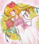  alternate_costume arm_up bare_shoulders blonde_hair bouquet bow dress dutch_angle elbow_gloves flandre_scarlet flower gloves gradient gradient_background hair_bow looking_at_viewer marker_(medium) open_mouth outline pastel_(medium) pink_background red_eyes red_rose rose satsuki_(gogotaru) short_hair side_ponytail skirt_hold solo touhou traditional_media watercolor_pencil_(medium) wedding_dress wings wreath yellow_rose 