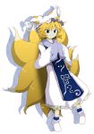  blonde_hair dress fox fox_tail hands_in_sleeves hat hat_with_ears multiple_tails oota_jun&#039;ya_(style) oota_jun'ya_(style) sakuragi_rian short_hair simple_background smile solo tabard tail touhou white_background white_dress wide_sleeves yakumo_ran yellow_eyes 
