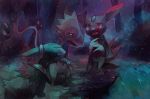 chameleon cliff creature deino_(pokemon) glowing glowing_eyes hands_on_own_chest kecleon no_humans not_shiny_pokemon pmd-explorers pokemon pokemon_(creature) purple_skin purplekecleon red_eyes sad sneasel water waterfall 