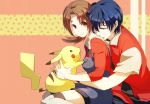 artist_request gold hug_from_behind kotone_(pokemon) pikachu pokemon red_(pokemon)