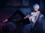  bare_shoulders barefoot blue_eyes breasts cigarette cleavage couch erect_nipples fate/zero fate_(series) feet gun itori_(artist) lips natalia_kaminski navel off_shoulder open_fly panties pants pistol realistic short_hair sitting smoking solo underwear unzipped vest weapon white_hair 