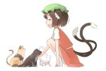  animal_ears cat cat_ears cat_tail chen closed_eyes eyes_closed happy hat licking multiple_tails nakashino_setsu open_mouth shore smile socks solo squatting tail touhou white_background white_legwear 