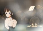  1girl bathing black_hair blue_eyes blush brown_hair chitanda_eru green_eyes hyouka long_hair multiple_girls onsen oreki_houtarou ragho_no_erika short_hair towel water 