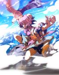  bandage bandages bird blurry chain chains depth_of_field double_bun eagle hands highres ibaraki_kasen neichiru outstretched_arm pink_hair red_eyes shackle skirt solo tabard touhou 