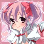  blush border bow bubble_skirt chin_rest dress face gloves hair_bow hands_on_own_cheeks hands_on_own_face heart kaname_madoka light_smile lips looking_at_viewer lying magical_girl mahou_shoujo_madoka_magica on_stomach pink_eyes pink_hair portrait puffy_sleeves reira_(snowstrawberry) short_twintails signature solo twintails watermark white_gloves 