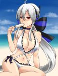  asami_(undoundo) beach bikini bow hair_bow headphones headset microphone popsicle red_eyes solo swimsuit vocaloid white_hair yowane_haku 