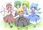  animal_ears antennae blonde_hair blue_eyes blue_hair blush cirno daiyousei dress fueiku green_eyes green_hair grin hands_on_hips hat jewelry long_hair multiple_girls mystia_lorelei open_mouth outstretched_arms pink_hair red_eyes rumia short_hair side_ponytail single_earring skirt skirt_set smile spread_arms team_9 touhou wings wriggle_nightbug youkai 