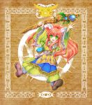  androgynous asuka_usagi boots facepaint fang feathers green_eyes hair_feathers long_hair male popoie rabite red_hair redhead seiken_densetsu seiken_densetsu_2 solo staff tunic 