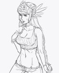  bare_shoulders bb_(baalbuddy) bracelet braid breasts casual choker cleavage contemporary crop_top head_wings helmet jeans jewelry lenneth_valkyrie long_hair lowleg lowleg_pants lowrise midriff monochrome mound_of_venus navel no_panties pants solo tank_top valkyrie valkyrie_profile 