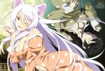  absurdres animal_ears bakemonogatari black_hair black_hanekawa braid breasts cat_ears cleavage dual_persona fang glasses hanekawa_tsubasa highres long_hair monogatari_(series) navel nekomonogatari official_art pajamas single_braid white_hair wink yellow_eyes 