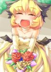  :d adapted_costume alternate_costume bare_shoulders blonde_hair blush bouquet bow breasts choker cleavage closed_eyes dress elbow_gloves eyes_closed fang flower fun_bo gloves hair_bow happy kurodani_yamame looking_at_viewer open_mouth short_hair smile solo tears touhou wedding_dress 