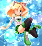  ;p animal_ears ankle_boots bare_shoulders black_legwear blue_background blue_eyes boots bracelet cat_ears cross-laced_footwear fake_animal_ears frilled_skirt frills hairband hand_on_own_head highres jewelpet_(series) jewelpet_tinkle jewelry lace-up_boots legs_folded looking_at_viewer miniskirt miria_marigold_mackenzie nyama sitting skirt solo sparkle thigh-highs thighhighs thighs tongue tongue_out twintails wink 