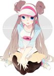  brown_hair collarbone double_bun female_protagonist_(pokemon_bw2) kneeling mei_(pokemon) pantyhose petitbisou pokemon pokemon_(game) pokemon_bw2 raglan_sleeves skirt transparent_background twintails visor_cap 