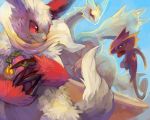  clothed_pokemon creature dutch_angle food fruit highres holding jumping kecleon kyurem looking_back no_humans perspective pmd-explorers pokemon pokemon_(creature) purplekecleon red_eyes running scarf theft yellow_eyes zangoose 