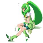  1girl bike_shorts boots crossed_legs cure_march dam-miyuki dress green green_dress green_eyes green_hair highres legs_crossed long_hair magical_girl midorikawa_nao ponytail precure shorts_under_skirt sitting skirt smile_precure! solo teal_bike_shorts tiara tri_tails 