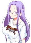  breasts collarbone cosplay fate/stay_night fate_(series) glasses long_hair purple_eyes purple_hair rider rider_(fate/zero) rider_(fate/zero)_(cosplay) rimless_glasses shirt simple_background smile solo t-shirt violet_eyes white_background zanku 