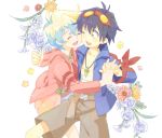  1girl blue_hair closed_eyes couple drawr eyes_closed flower goggles goggles_on_head hand_holding holding_hands hoodie jacket multicolored_hair nia_teppelin shirtless short_hair simon smile tengen_toppa_gurren_lagann two-tone_hair young 