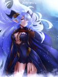  between_breasts blue_dress blue_eyes breasts cape cleavage cleavage_cutout cloud clouds dress elf floating_hair hazuki_gean horns jewelry large_breasts lavender_hair long_hair necklace overskirt pixiv_fantasia pixiv_fantasia_5 pointy_ears snow solo tassel very_long_hair 