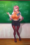  baton belt blackboard book breasts brown_legwear chalkboard earring earrings english eyelashes green_eyes hair_intakes highres huge_breasts impossible_clothes impossible_shirt jewelry lips long_hair miniskirt necktie original pantyhose pink_hair rezukin2 ring skirt solo sweater_vest tangerine_(artist) teacher thigh-highs thighhighs wedding_band 