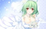  :d bouquet breasts brown_eyes character_request cleavage copyright_request diva_with_the_blessed_dragonol dress elbow_gloves flower gloves green_hair highres hinohara_tamako holding jewelry lunaris_filia mikagami_mamizu necklace open_mouth ribbon_choker smile solo tiara wallpaper wedding_dress whirlpool white_gloves 