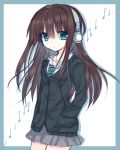  1girl brown_hair character_request green_eyes hands_in_pockets headphones long_hair looking_at_viewer musical_note simple_background skirt solo suzune_rena white_background 