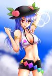  1girl alternate_costume armlet armpits blue_hair blue_sky breasts cleavage clouds collarbone crop_top food fruit hand_behind_head hat hinanawi_tenshi leaf lens_flare long_hair looking_at_viewer midriff mitsucho mound_of_venus navel open_mouth open_shorts peach red_eyes sky solo touhou 