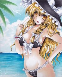  bare_shoulders bikini black_bikini blonde_hair blush braid breasts brown_eyes cleavage cloud clouds frilled_bikini frills front-tie_top hand_on_hip hat hips kirisame_marisa long_hair marker_(medium) millipen_(medium) mound_of_venus navel ocean open_mouth popsicle ryumaira solo swimsuit touhou traditional_media very_long_hair water watermark witch witch_hat wrist_cuffs 