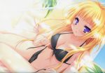  artist_request bikini blonde_hair blush breasts character_request cleavage front-tie_top highres kisaragi_mifuyu long_hair moekibara_fumitake navel purple_eyes side-tie_bikini solo swimsuit tayutama violet_eyes 