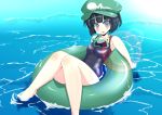  armpits black_hair blush dark_haired_kappa diving_mask extra grey_eyes hat hatsuse_rui innertube kappa_mob lens_flare looking_at_viewer school_swimsuit shiny shiny_clothes sitting solo swimsuit touhou water wet wet_clothes 