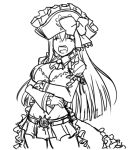  belt_buckle bow breasts bustier captain_liliana cleavage closed_eyes crossed_arms drawfag eyes_closed frills hat large_breasts lineart long_hair matsu-sensei miniskirt monochrome open_mouth pirate pirate_hat pleated_skirt queen&#039;s_blade queen&#039;s_blade_rebellion queen's_blade queen's_blade_rebellion skirt solo thighs yawning 