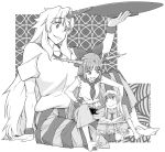  absurdres bangs barefoot blunt_bangs book bottle bow child ex-keine hair_bow highres horn horns hoshiguma_yuugi ibuki_suika kamishirasawa_keine long_hair monochrome multiple_girls sakazuki sitting size_difference sleeveless smile touhou waruiihto young 