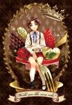  blue_eyes brown_hair cake child crown fate/zero fate_(series) food fork frame fruit highres male matsuo_shin ribbon shorts solo strawberry suspenders tohsaka_tokiomi toosaka_tokiomi young 