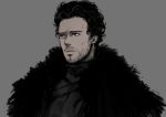 1boy a_song_of_ice_and_fire beard black_eyes black_hair cape clamp8903 facial_hair fur_trim grey grey_background robb_stark simple_background solo 