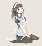  apron aquariumtama between_thighs black_legwear blue_eyes blush brown_background brown_hair flat_chest frills hair_ribbon long_hair looking_at_viewer maid maid_headdress muted_color neck_ribbon no_shoes on_ground open_mouth original pantyhose parted_lips pleated_skirt puffy_sleeves ribbon sheer_legwear short_sleeves simple_background sitting skirt solo spleated_skirt thighs wariza 